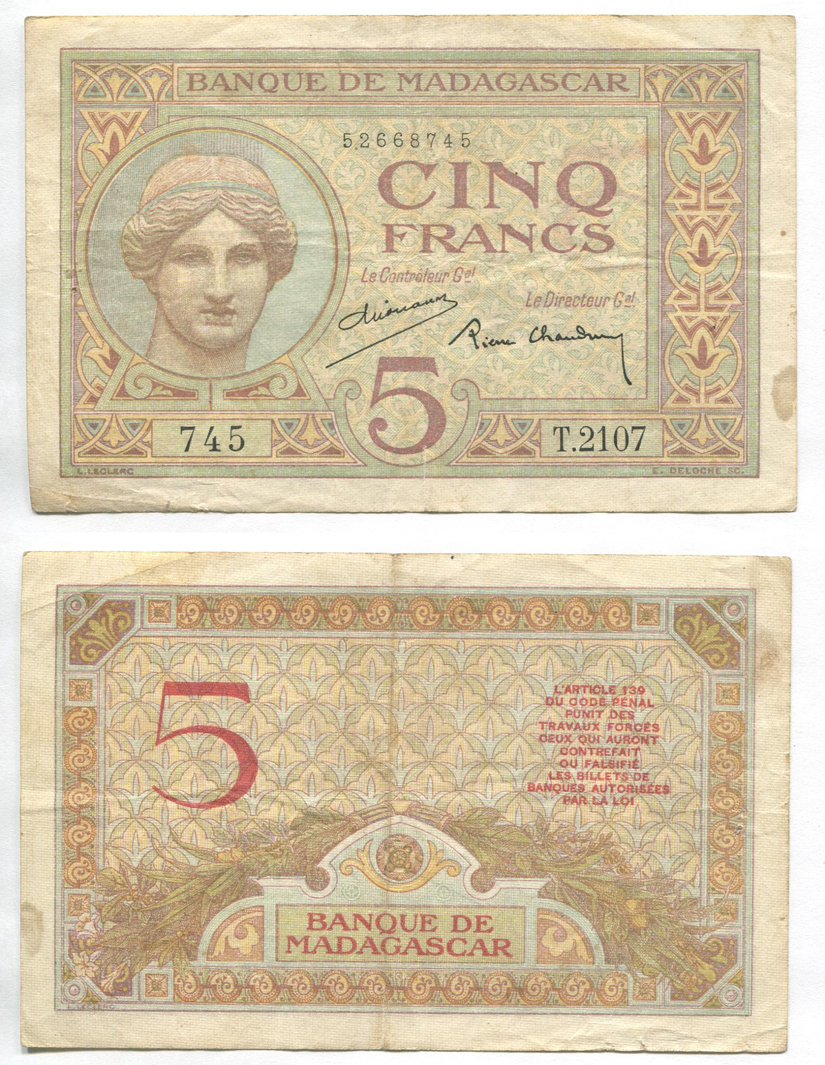 Мадагаскар. 5 франков. 1937 г. Pick № 35 # 745 T.2107