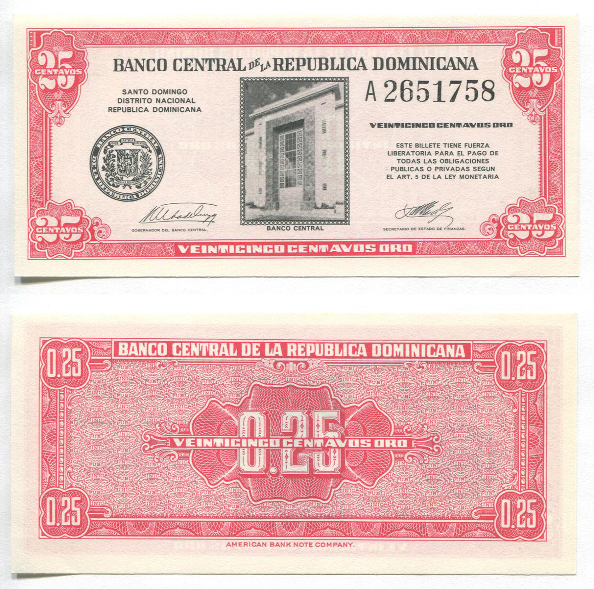 Доминиканская Республика. 25 центавос. 1961 г. Pick № 87а.  А # 2651758