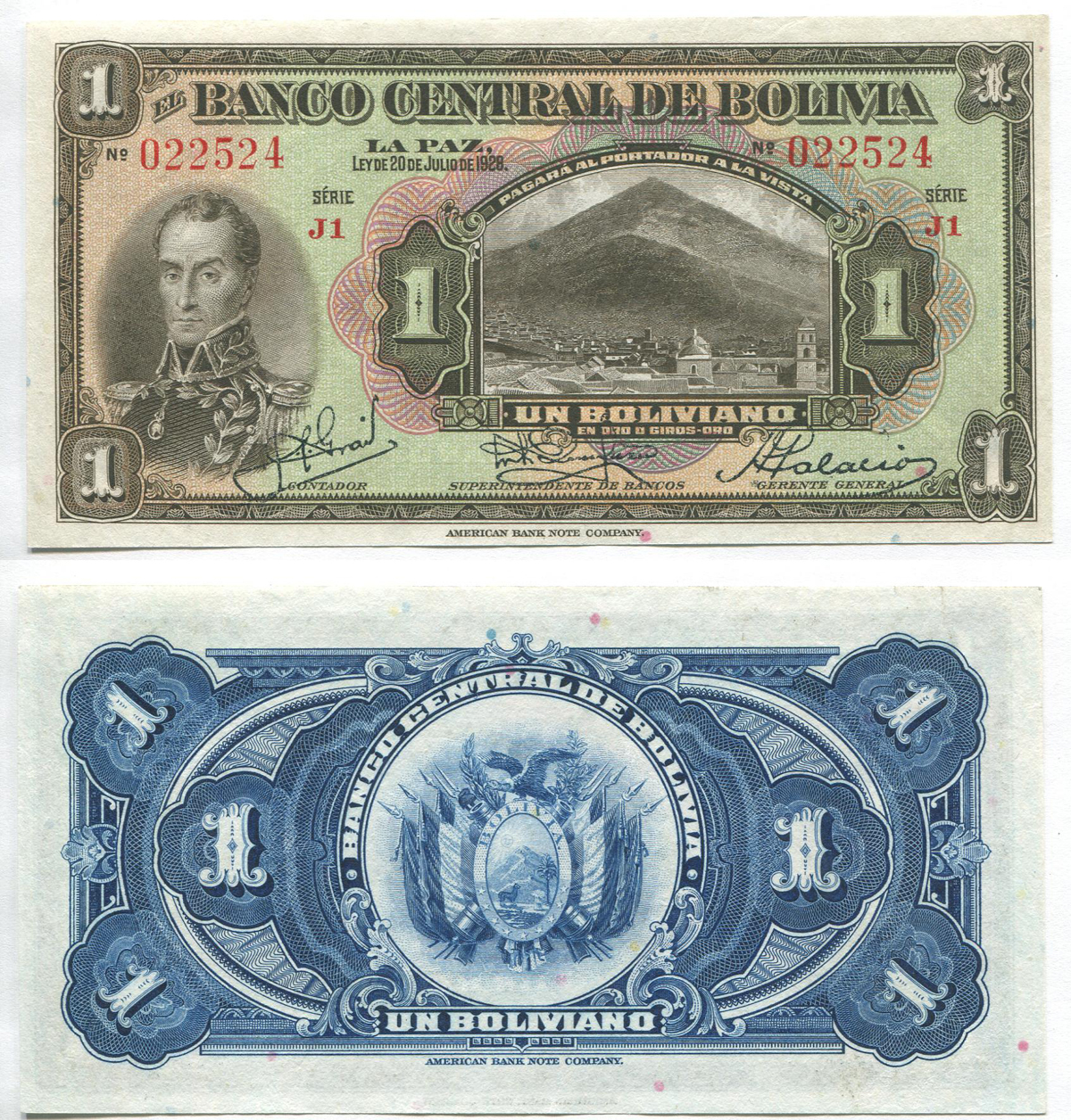 Боливия. 1 боливиано. 1928 г. Pick № 118a. ABNC. J1 # 022524
